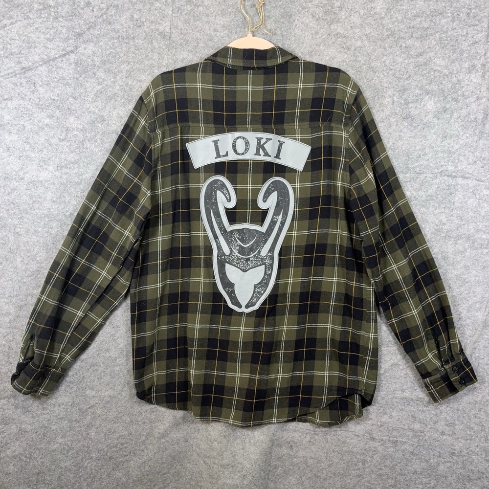 Her Universe x Marvel Loki Flannel Shirt Womens Sz L Green Plaid Graphic Pocket - Picture 3 of 8